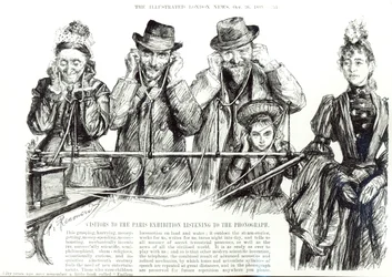 Besökare på Parisutställningen lyssnar på fonografen från "The Illustrated London News", 26 oktober 1889 (b w foto)